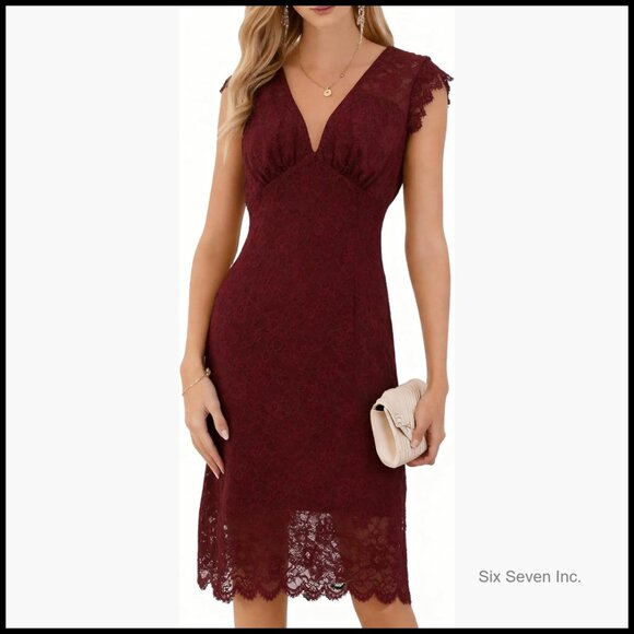 Lace Cocktail Dress Sleeveless V Neck Bodycon Midi for Party